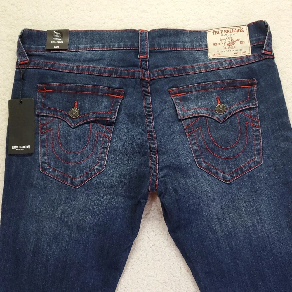 True Religion Ultra Skinny Blue Indigo Jeans Red Contrast Stitch W38 L32 NEW